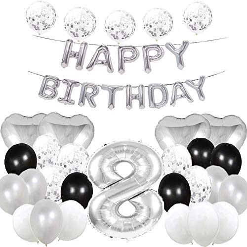 Süßer 8. Geburtstag Ballon 8. Geburtstag Dekorationen Happy 8th Birthday Party Supplies Silber Zahl 8 Folie Mylar-Luftballons Latex Ballon Geschenke für Mädchen, Jungen, Frauen, Männer von WXLWXZ