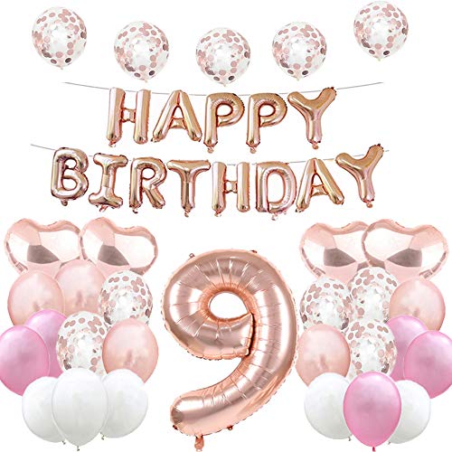 Süßer 9. Geburtstag Ballon 9. Geburtstag Dekorationen Happy 9th Birthday Party Supplies Rose Gold Zahl 9 Folie Mylar-Ballons Latex Ballon Geschenke für Mädchen, Jungen, Frauen, Männer von WXLWXZ