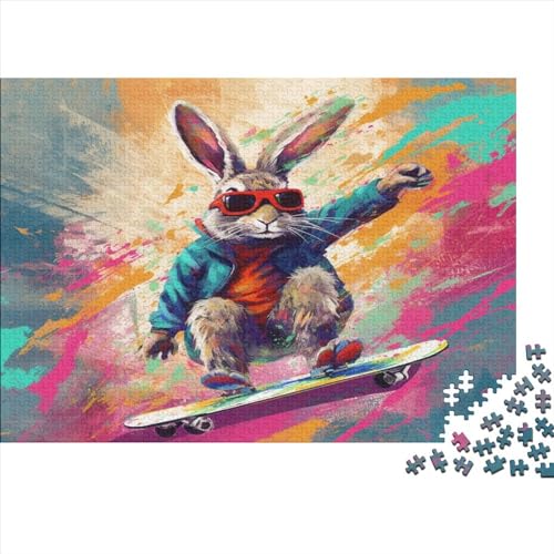 Skateboard-Kaninchen-Holzpuzzle für Erwachsene, 1000-teiliges Puzzle, rechteckiges Puzzle, Geschenke für Erwachsene und Kinder, Heimdekoration und Familienspiel, 1000 Teile (75 x 50 cm) von WXMMoney