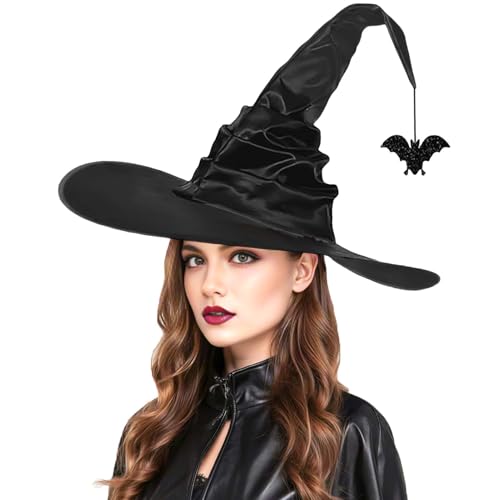 WXOIEOD Hexenhut für Damen, Erwachsene, groß, schwarz, Zauberer-Hüte, Halloween, Cosplay, Kostüm mit Fledermaus-Dekorationen von WXOIEOD