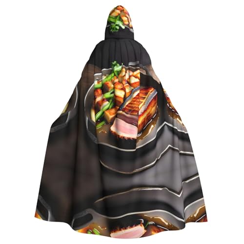 WXXWXD Köstliches gegrilltes Fleisch, bedruckter Kapuzenumhang, Halloween-Kostüm, kann für Partys, Rollenspiele, Fliege, ohne Reißverschluss, übergroßer Kapuzenumhang verwendet werden von WXXWXD