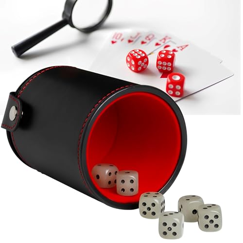 WYFCR Würfelbecher aus PU-Leder mit passendem Deckel, inklusive 6 Nachtlichtwürfel Würfeln, filzgefütterter Würfelbecher-Set für Liars Farkle Yahtzee Würfelspiele,würfelbecher Leder von WYFCR