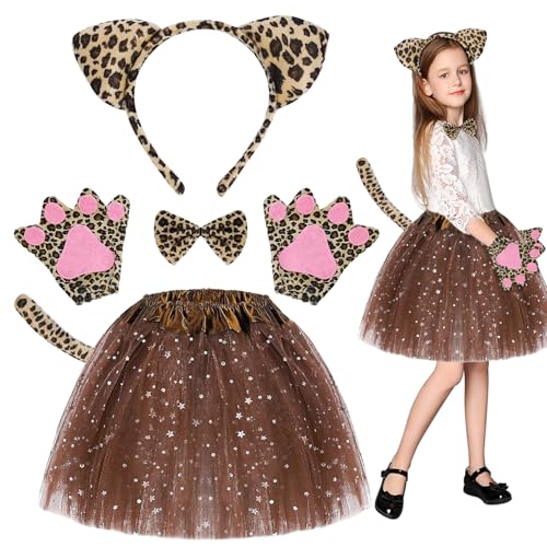 WYFDCZZP 6 Stück Katzenkostüm Kinder,Katzenkostüm Tierkostüm Kinder Cosplay Set,Katzenschwanz,Katzen Kostüm Mädchen,Tutu,Party Kostüm Set ür Halloween Fasching Karneval (Braun) von WYFDCZZP
