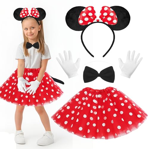 Maus Mouse Kostüm, 5 Stück Mädchen Maus Mouse Kostüm Set, Minni Mouse Kostüm Kinder, Rot Tutu + Haarreifen mit Maus Ohren + Schwarz Schleife + Handschuhe + Schwänze, Für Karneval Cosplay Fasching Maus Mouse Kostüm, 5 Stück Mädchen Maus Mouse Kostüm Set, Minni Mouse Kostüm Kinder, Rot Tutu + Haarreifen mit Maus Ohren + Schwarz Schleife + Handschuhe + Schwänze, Für Karneval Cosplay Fasching von WYFDCZZP