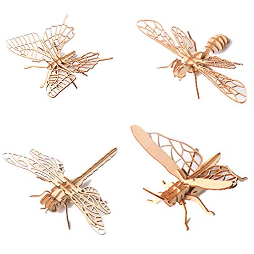WYFTOY 3D DIY Holzpuzzle, Simulation Insekt Montage Puzzle Modell für Arbeitszimmer, Wohnzimmer, Schlafzimmer, Erwachsene (Butterfly + Biene + Libelle + Grashüpper) von WYFTOY
