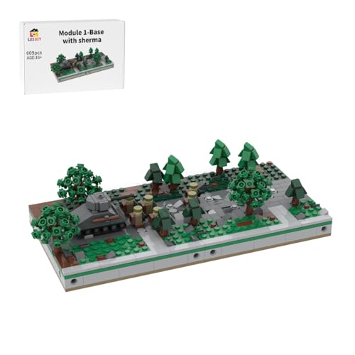 WYFTOY MOC-183062 Miniatur WWII Sandkasten Set,Basis mit Sherman-Panzer, Diorama mit Bäumen & Trümmern Detailliertes Militär, Kreativer Modellbau für Sammler & Erwachsene(609 Teile) von WYFTOY