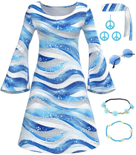 6070er-Jahre Disco-Outfit für Damen, blaues Kleid mit Wellenmuster, psychedelisches Hippie-Kostüm-Set für Halloween, Party, Cosplay (6070T-03-S) von WYHDY