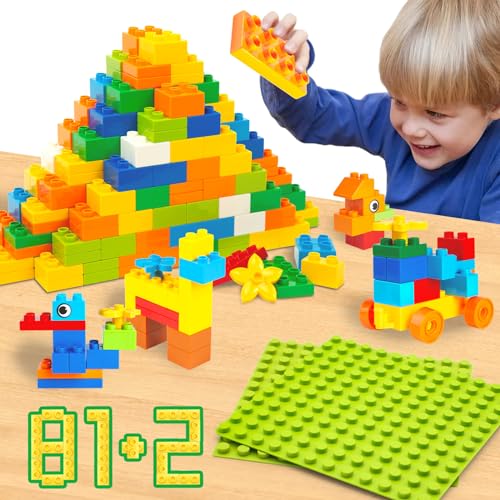 WYSWYG® Große Bausteine Set, 81 Stück Bausteine und 2 Bauplatten - Kompatibel, für Kinder ab 2-3-4-5 Jahre Buntes Starterset von WYSWYG