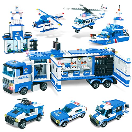 WYSWYG City Polizei Bausteine Spielzeug ab 6 7 8 9 10 Jahren für Jungen, 1042 Teile 8 in 1 Polizeistation Bausteine Set mit Polizeiauto & Hubschrauber, STEM Lernspielzeug (Blau) von WYSWYG