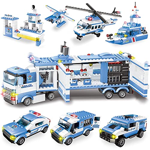 WYSWYG City Polizei Bausteine Spielzeug ab 6 7 8 9 10 Jahren für Jungen, 1042 Teile 8 in 1 Polizeistation Bausteine Set mit Polizeiauto & Hubschrauber, STEM Lernspielzeug (Blau) von WYSWYG