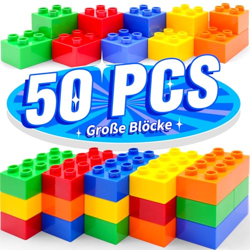 WYSWYG Große Bausteine Set - 50 Steine in 5 Farben, Kompatibel - Ideal für Kinder ab 1 2 3 4 5 Jahre, Standard-Code, Mehrfarbig von WYSWYG