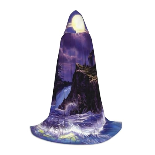 WYYDPPLK Langer Kapuzenumhang für Jugendliche, Mondschein-Leuchtturm-Druck, Cosplay, Rollenparty, Halloween-Kostüme von WYYDPPLK