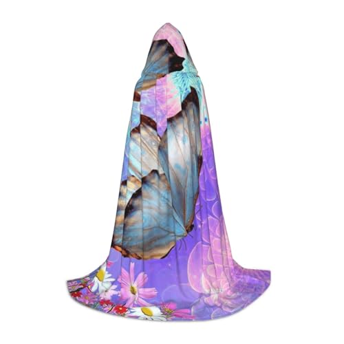 WYYDPPLK Langer Kapuzenumhang für Teenager, Blumen, bunter Schmetterlingsdruck, Cosplay, Rolle, Party, Halloween-Kostüme von WYYDPPLK