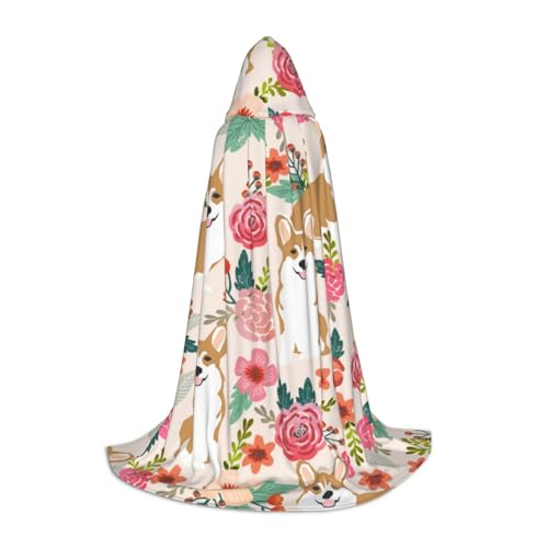 WYYDPPLK Langer Kapuzenumhang für Teenager, Corgi, Blumen, Frühling, Garten, Druck, Cosplay, Rollenparty, Halloween-Kostüme von WYYDPPLK