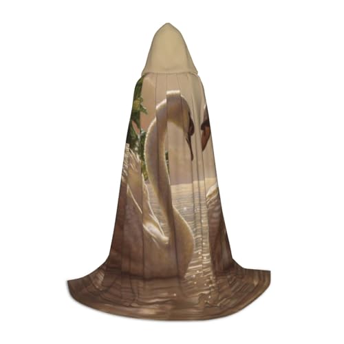 WYYDPPLK Langer Kapuzenumhang für Teenager, Schwan, grüne Blätter, Druck, Cosplay, Rollenparty, Halloween-Kostüme von WYYDPPLK