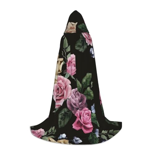 WYYDPPLK Langer Kapuzenumhang für Teenager, schwarzer Blackgound-Rosen-Druck, Cosplay, Rollenparty, Halloween-Kostüme von WYYDPPLK