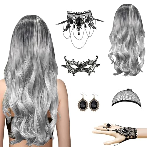 Perücke Halloween Damen, Halloween Perücke Damen Grau- Lang Lockig Perücke mit, Inklusive Gotisch Halskette, Ohrringen, Haarnetz, Maske und Handschuhen, für Cosplay, Karneval und Mottopartys von WZBBJuser