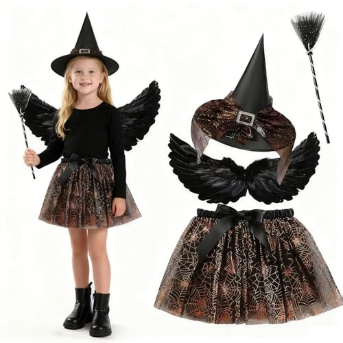 WZBBJuser Halloween Kostüm Kinder, Hexenkostüm Kinder, Enthalten Federflügel, Hexenhut, Zauberstäbe, Tüllrock, Halloween Kostüm kinder Hexe Mädchen für Karneval Halloween Cosplay von WZBBJuser