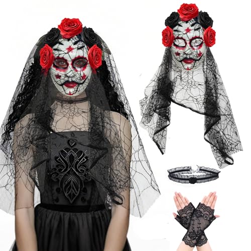WZBBJuser Halloween Tag Der Toten Blumen Maske, Dia de Los Muertos Schleier Rosen Maske, Mit Los Der Toten Schleier totenmaske, Tag Der Handschuhe, Tag Ter Halsband, für Halloween Cosplay Party von WZBBJuser