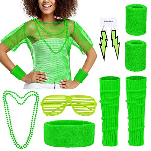 90er 80er Jahre Outfit Accessoires, 80er Jahre Outfit Damen Mottoparty Netzoberteil, Neon 80 Jahre Outfit Party, 80 Jahre Kostüm Zubehör Set 80er Jahre kleidung Typisch Off Shoulder Netzshirt (Grün) von WZDTNL