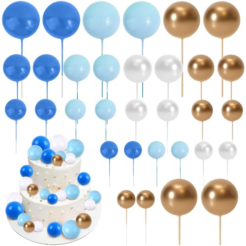 Tortenaufsatz Kugeln, 103 Stück Kuchenaufsätze, Tortenaufsatz Kugeln Geburtstag Hochzeit Jahrestag Party Kchenaufsatze (Dunkelblau Hellblau Weiß und Gold) von WZHHDM