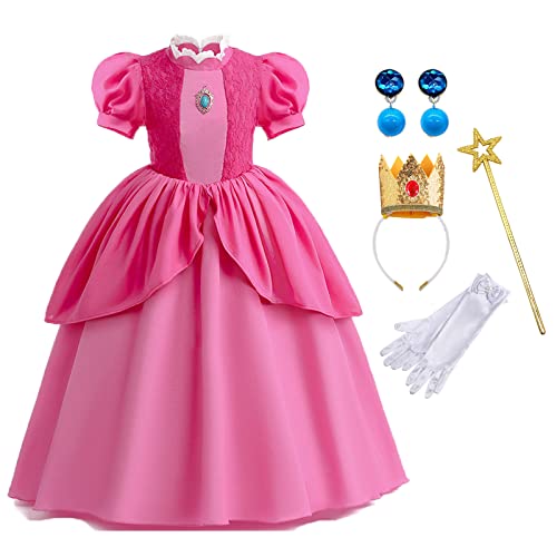 WZWLKJ Prinzessin Pfirsich-Kostüm für Mädchen, Super Bros, Prinzessinnen-Kostüm mit Krone, Stirnband, Ohrringen, Handschuhen für Cosplay-Kostüme, Kinder-Outfits, Rosa von WZWLKJ