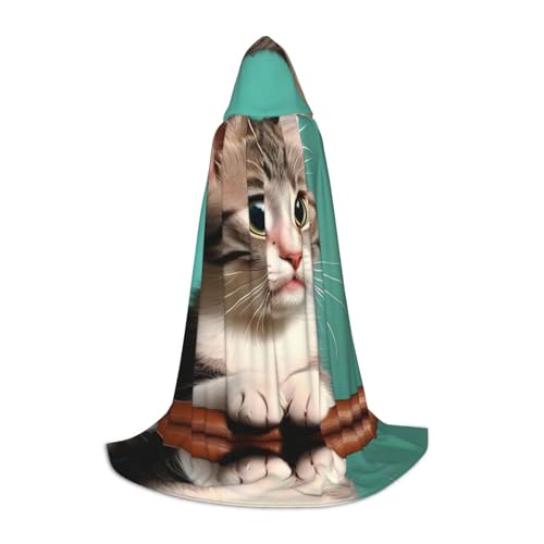 WZYCWB Eine neugierige Katze M bedruckter Jugendmantel mit Kapuze, perfekt für Zauberer und Rollenspiel-Kostüme (S-L) von WZYCWB