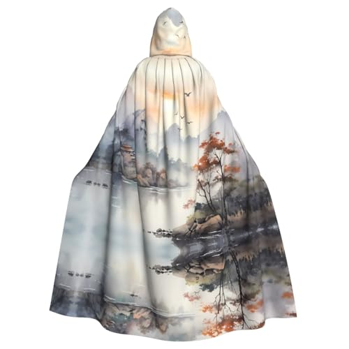 WZYCWB Gemälde von Vögeln und Bergen, gemusterter Ballumhang, Erwachsenen-Zauberer-Robe, Maskerade-Kostüm, Karnevalsmotto-Partykleid von WZYCWB