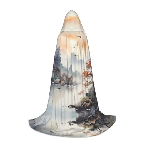 WZYCWB Gemälde von Vögeln und Bergen M bedruckter Jugendmantel mit Kapuze, perfekt für Zauberer und Rollenspiel-Kostüme (S-L) von WZYCWB