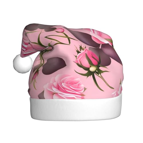 WZYCWB Hübsche rosa Rosen Weihnachtsmütze für Erwachsene, Unisex, Weihnachtsmann, Weihnachten, Halloween, Urlaubsparty, Erwachsene, Plüsch-Weihnachtsmütze von WZYCWB