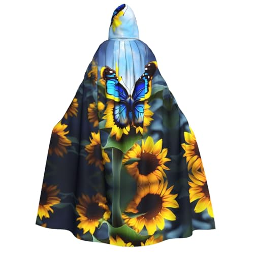 WZYCWB Sonnenblumen-blauer Schmetterling mit Kapuze für Erwachsene – perfekt für Halloween-Partys, Cosplay, Bühnenauftritte und Themenveranstaltungen. von WZYCWB
