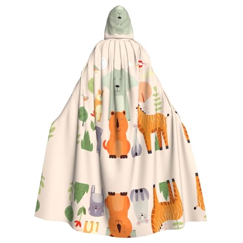 WZYCWB Viele niedliche Cartoon-Tiere, gemusterter Ballumhang, Erwachsenen-Zauberer-Robe, Maskerade-Kostüm, Karnevalsmottop-Partykleid von WZYCWB