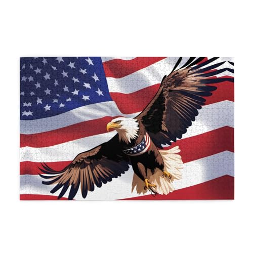 Holzpuzzle, 1000 Teile, WZYWHJ USA, Patriotischer Adler mit amerikanischer Flagge, bedruckt für Erwachsene und Kinder, perfekt für Familienspaß, Stressabbau von WZYWHJ