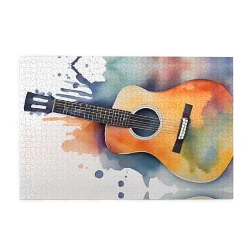 Holzpuzzle 1000 Teile WZYWHJ Aquarell Akustische Gitarre Muster für Erwachsene und Kinder, perfekt für Familienspaß, Stressabbau von WZYWHJ