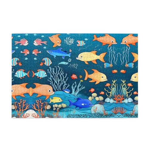 Holzpuzzle 1000 Teile WZYWHJ Blau Unterwasserwelt der Fische gedruckt für Erwachsene und Kinder, perfekt für Familienspaß, Stressabbau von WZYWHJ