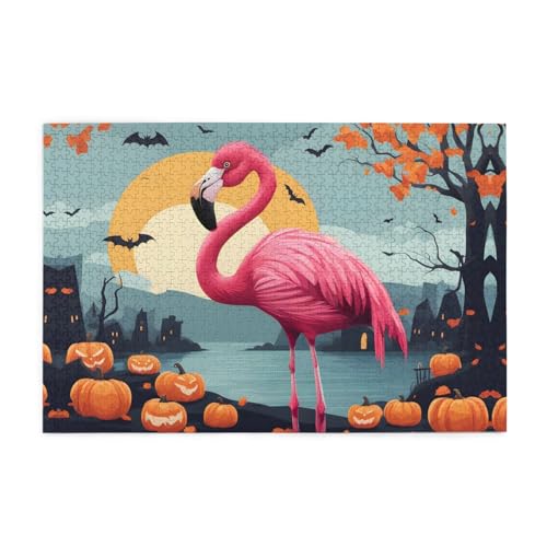 Holzpuzzle 1000 Teile WZYWHJ Cartoon Halloween-Flamingo-Muster für Erwachsene und Kinder, perfekt für Familienspaß, Stressabbau von WZYWHJ