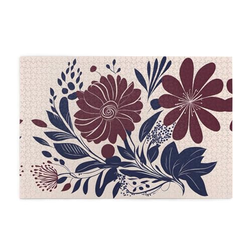 Holzpuzzle 1000 Teile WZYWHJ Kastanienbraun und Marineblau Blumen gedruckt für Erwachsene und Kinder, perfekt für Familienspaß, Stressabbau von WZYWHJ
