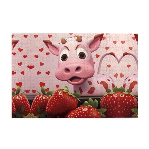 Holzpuzzle 1000 Teile WZYWHJ Kuh mit Erdbeeren gedruckt für Erwachsene und Kinder, perfekt für Familienspaß, Stressabbau von WZYWHJ