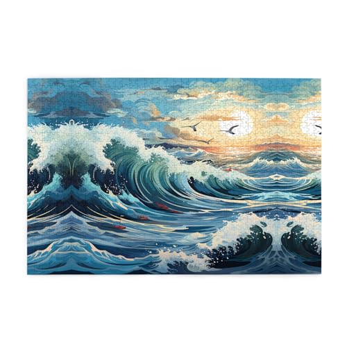Holzpuzzle 1000 Teile WZYWHJ Wellen-Segelboot Möwe gedruckt für Erwachsene und Kinder, perfekt für Familienspaß, Stressabbau von WZYWHJ