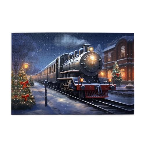Holzpuzzle 1000 Teile WZYWHJ Winter Weihnachten Schnee Nacht Eisenbahn Zug Gedruckt für Erwachsene und Kinder, Perfekt für Familienspaß, Stressabbau von WZYWHJ