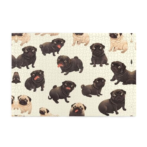 Holzpuzzle 1000 Teile WZYWHJ süßes schwarzes Mops-Hundemuster für Erwachsene und Kinder, perfekt für Familienspaß, Stressabbau von WZYWHJ