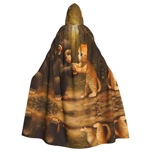 WZYWHJ Affe und Kätzchen halten Hände, bedruckt, Aldult Cosplay, Poncho mit Kapuze, Umhang für Damen und Herren, Halloween-Party von WZYWHJ