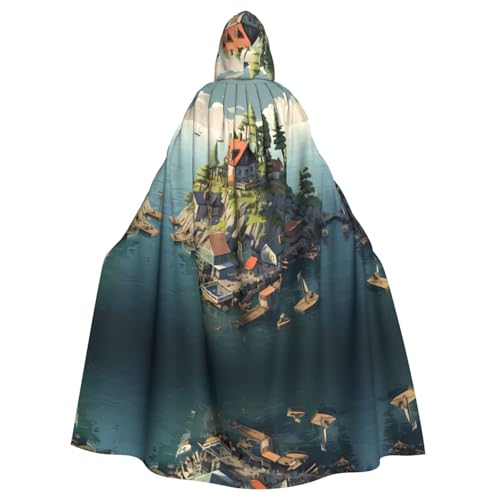 WZYWHJ Cosplay-Poncho mit Kapuze, Motiv: kleine Stadt auf der Insel, bedruckt, für Damen und Herren, Halloween-Party von WZYWHJ