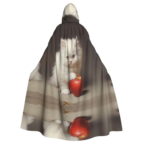 WZYWHJ Cosplay-Poncho mit Kapuze, Motiv: kleine weiße Katze, die Apfel isst, bedruckt, für Damen und Herren, Halloween-Party von WZYWHJ