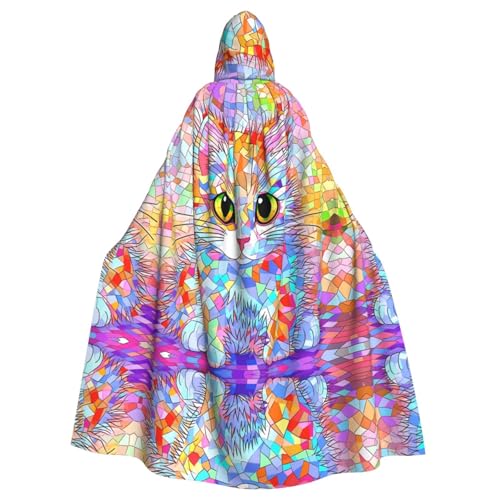 WZYWHJ Farbenfroher Glaskatzen-Druck Aldult Cosplay Poncho mit Kapuze für Damen und Herren Halloween-Party von WZYWHJ