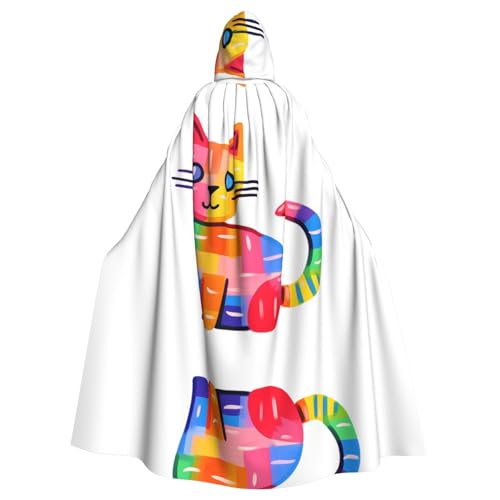WZYWHJ Farbenfroher quadratischer Katzendruck, Cosplay-Poncho mit Kapuze, Umhang für Damen und Herren, Halloween-Party von WZYWHJ