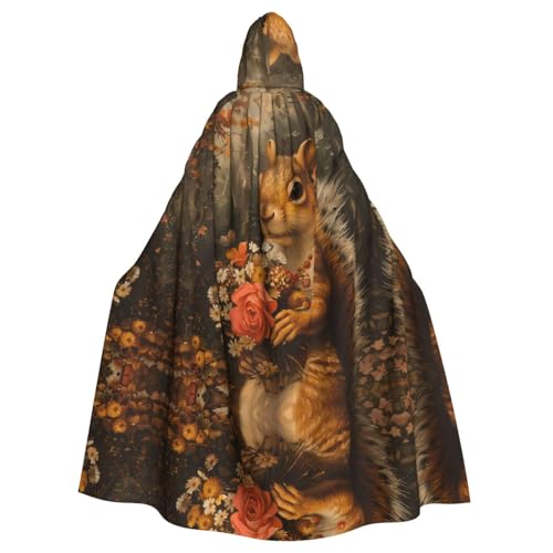 WZYWHJ Kleiner Eichhörnchen mit Blumen bedruckter Aldult Cosplay Poncho mit Kapuze für Damen und Herren Halloween-Party von WZYWHJ