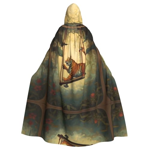 WZYWHJ Kleiner Tiger auf der Schaukel bedruckter Aldult Cosplay Poncho Kapuzenumhang für Damen und Herren Halloween Party von WZYWHJ