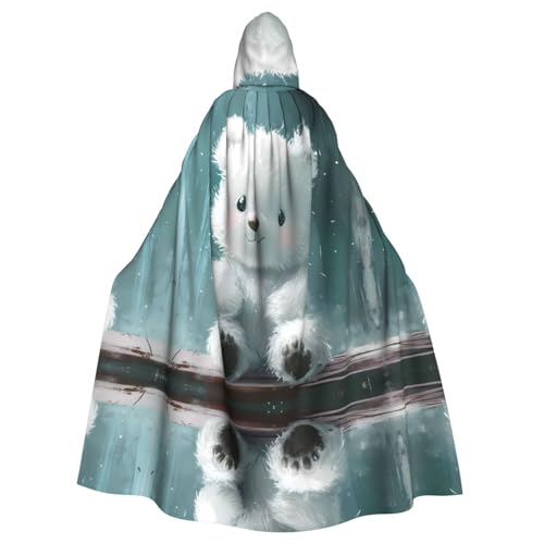 WZYWHJ Kleiner weißer Bär im Regen bedruckter Aldult Cosplay Poncho mit Kapuze für Damen und Herren Halloween Party von WZYWHJ