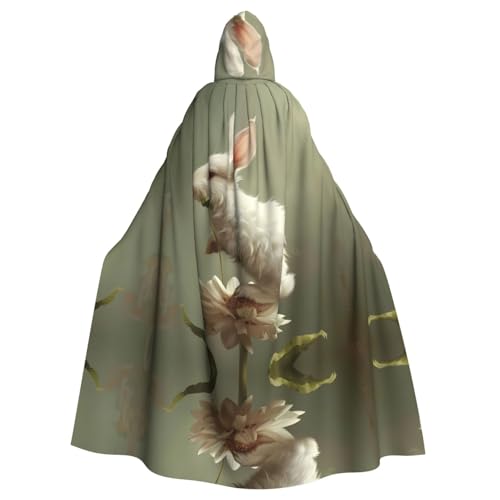 WZYWHJ Poncho mit Kapuze für Damen und Herren, Motiv: kleines weißes Kaninchen auf Blumen, bedruckt, Aldult von WZYWHJ